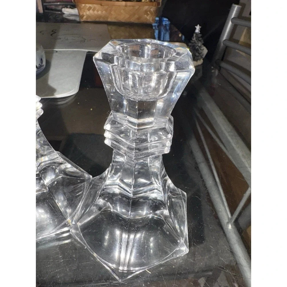 Vintage Heavy Lead Crystal Candlestick Holders Hexagonal Hex Set of 2 Clear